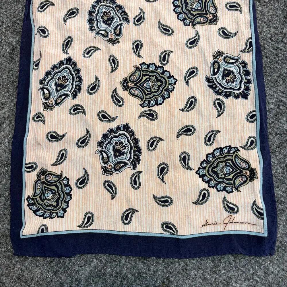 Ginnie Johnson Vintage Blue Cream Paisley Scarf Silk Long Rectangular Neck 9x56